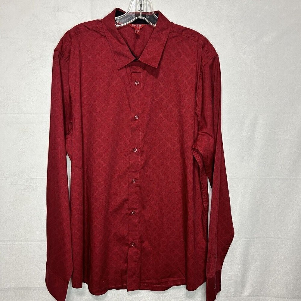 GUESS Men's Red Black Small Patterned Long Sleeve Button-Down Size XL